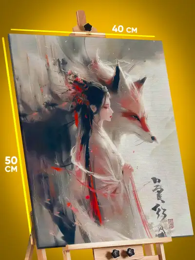 Картина на стену Девушка Япония Гейша с лисой кицунэ 40x50