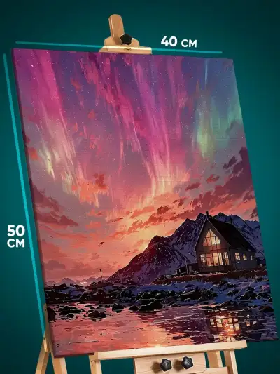 Картина на стену Пейзаж зимний природа домик северное сияние 40x50